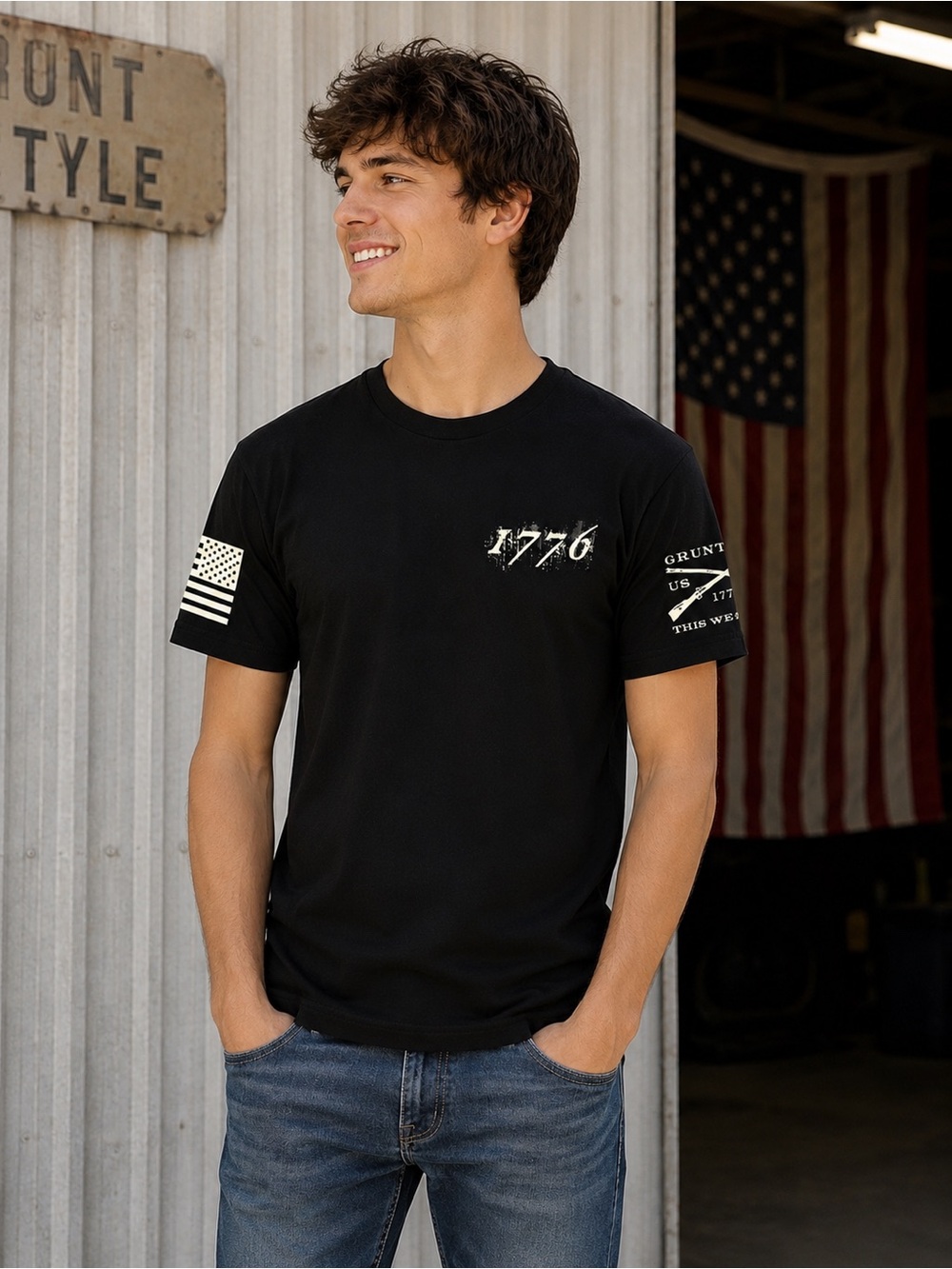 Grunt Style 1776 Black American Flag Graphic T-Shirt Men’s Small